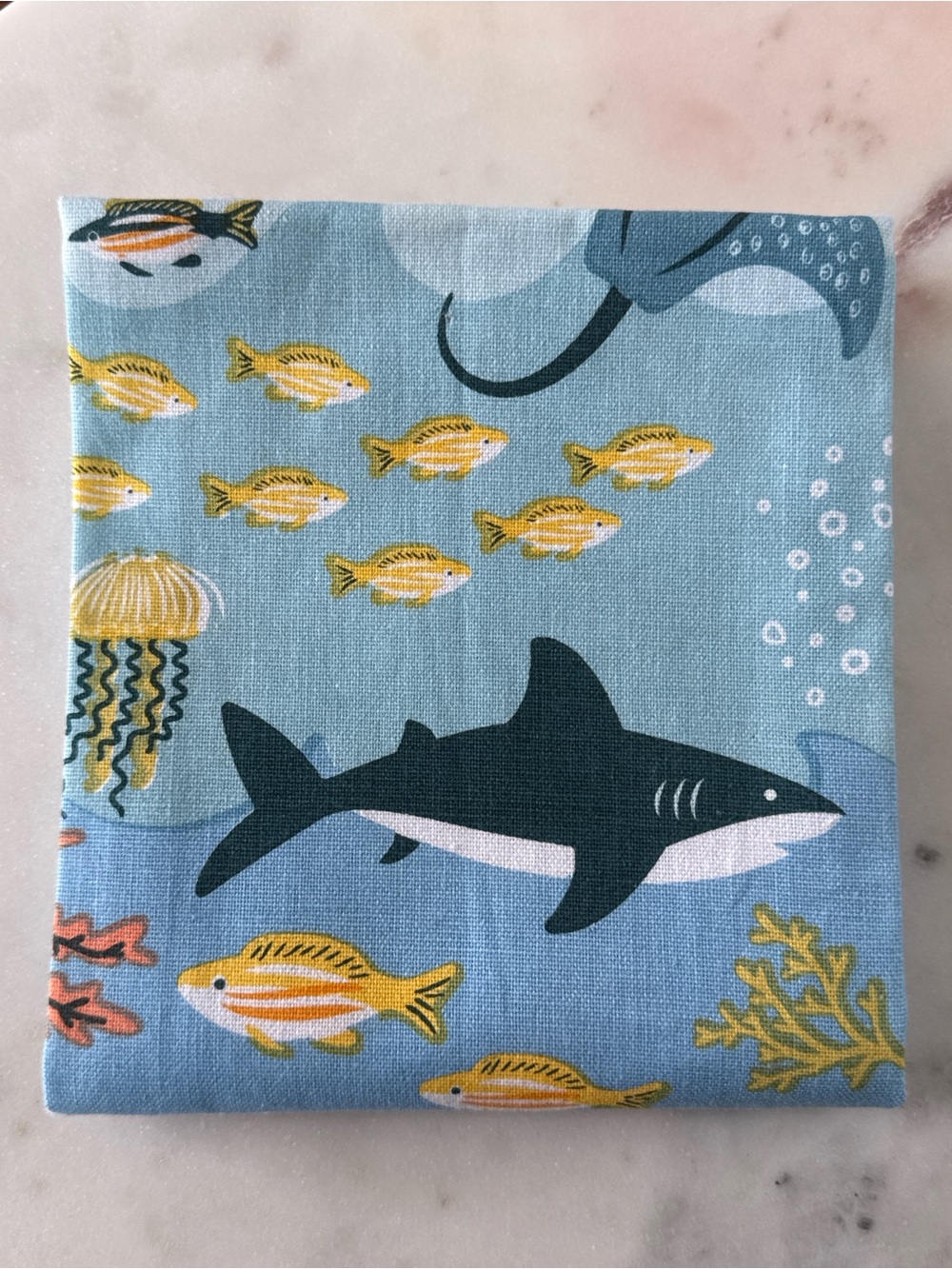 Ocean Shark & Fish Cotton Fabric Panel - Blue & Yellow Marine Print